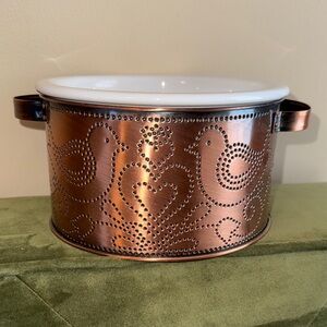 Vintage Teleflora White Ceramic Casserole Dish With A Copper Carrier